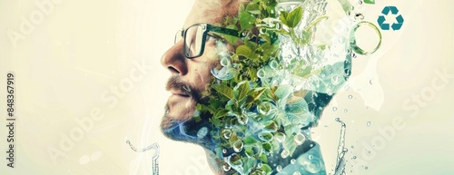 This image shows a man's face. Half of his head is made of green leaves and water, and the other half is a normal human face. The man is wearing glasses. The image is about the environment and how we photo