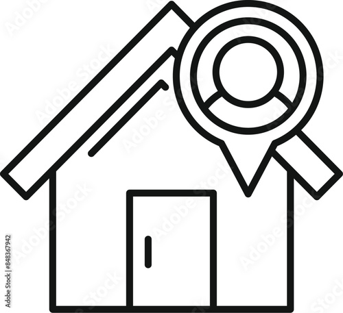 Outline icon of a house with a magnifier glass showing a family