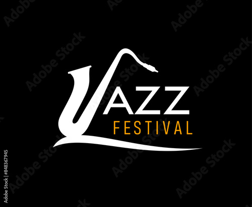Jazz music icon for a festival features saxophone silhouette integrated into the word Jazz, white and yellow typography on black background. Vector elegant emblem for live sound musical entertainment