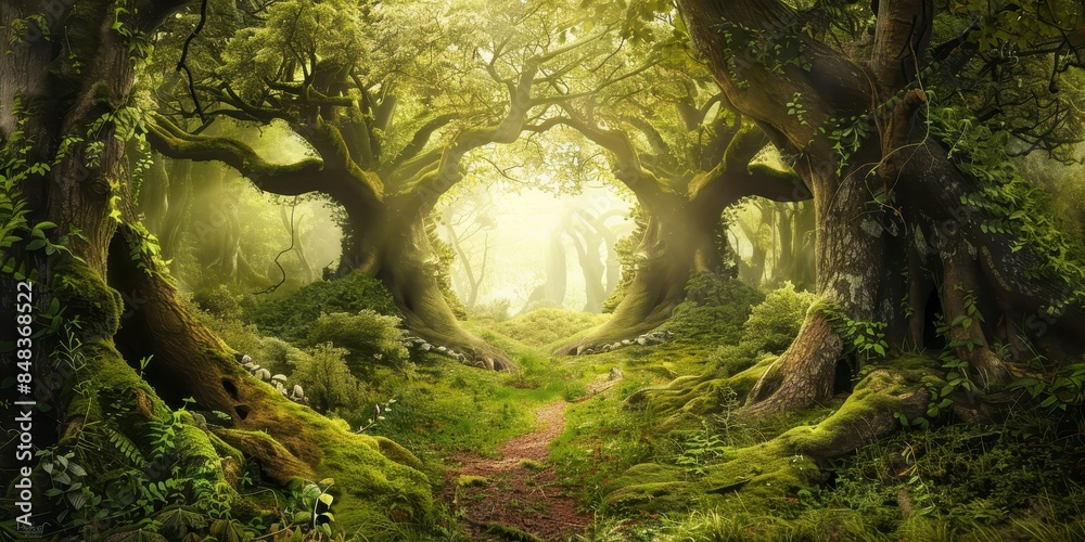 Fototapeta premium A fantasy forest with trees,magical creatures.