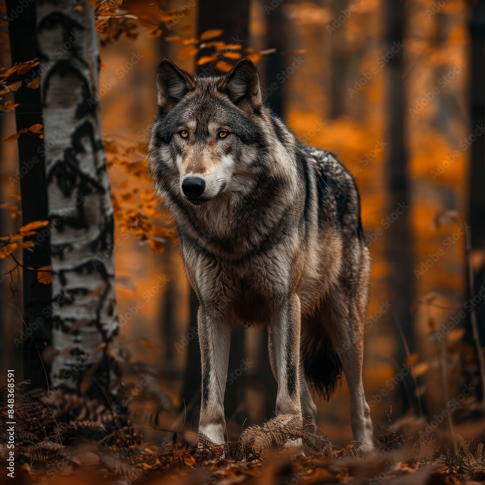 A majestic wolf standing in the forest,surrounded by autumn leaves and tall trees. A majestic wolf standing in the forest,surrounded by autumn leaves and tall trees.
