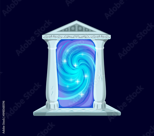 Fantasy fairytale game magic portal. Isolated cartoon vector mystical door with ancient stone columns and blue plasma vortex or shimmering energy, bridging realm with fantastical world of enchantment