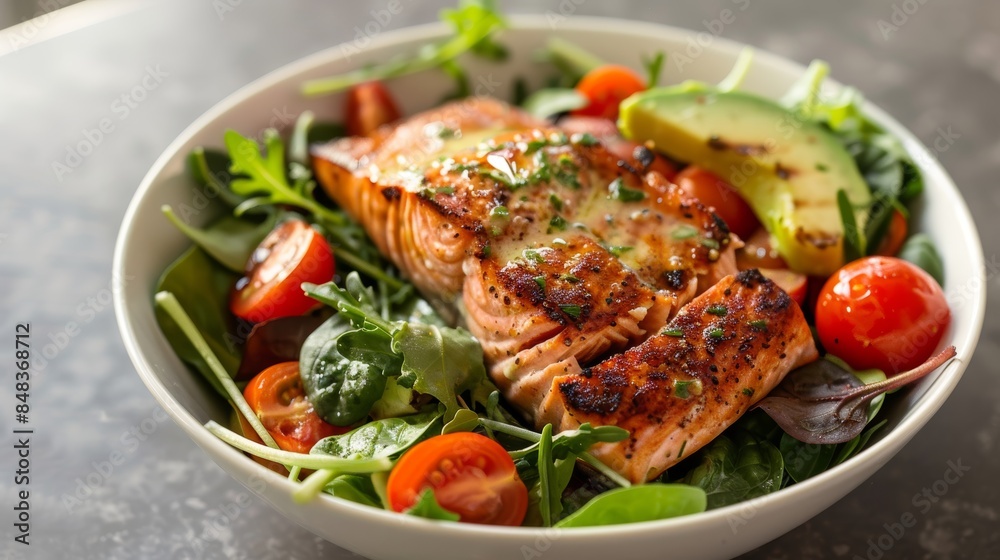 Healthy Salad with Grilled Salmon, Avocado, Cherry Tomatoes, and Lemon Vinaigrette for a Nutritious Meal Healthy Salad with Grilled Salmon, Avocado, Cherry Tomatoes, and Lemon Vinaigrette for a Nutritious Meal
