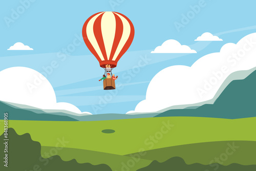 Vector image of people floating in a hot air balloon.
