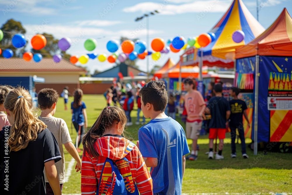 Obraz premium Community School Carnival Fundraiser with Colorful Games, Food Stalls, and Activities Under Clear Blue Sky
