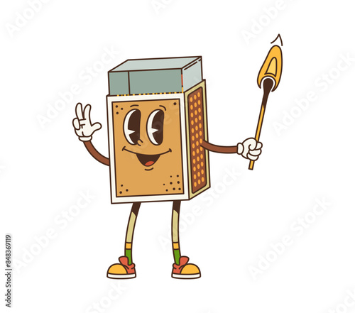 Cartoon matchbox retro groovy travel camp and tourism character. Isolated vector box personage with friendly face expression, holding a matchstick and flashing a peace sign, evoking a playful vibe