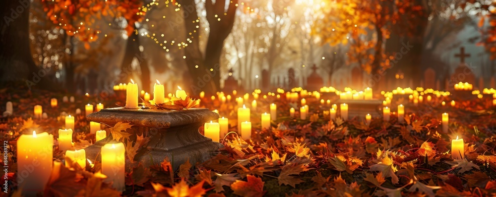 Obraz premium Candles light up the grave,and autumn leaves lay upon it in front