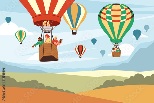 Friends' balloon flight over scenic mountains and fields, vector flat style illustration summer travel