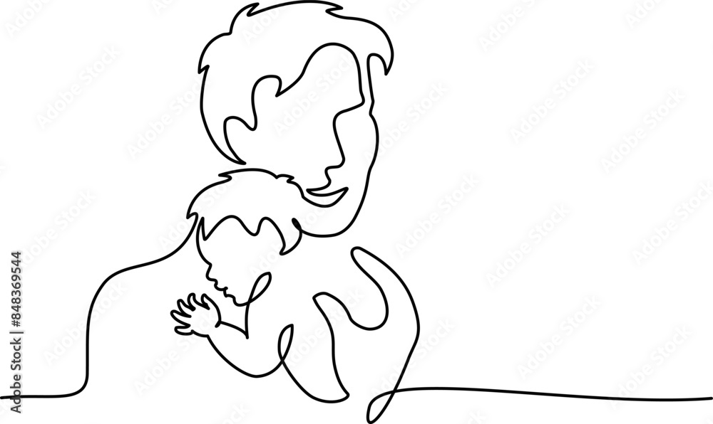 Fototapeta premium Happy Fathers Day holiday card. Dad hug baby. one line drawing