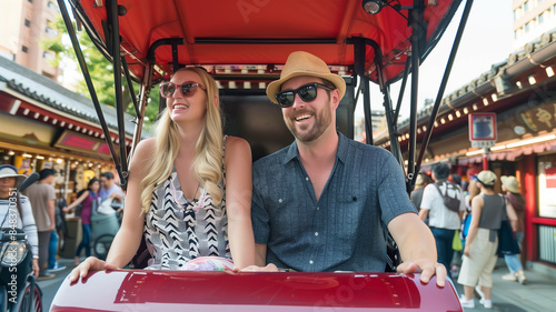 人力車に乗るブロンドの外国人カップル