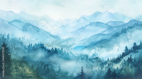 Watercolor painting of a mountain landscape with fog and trees in shades of blue.