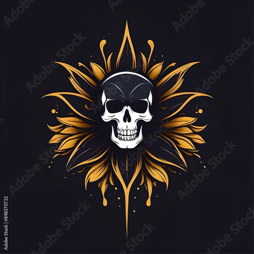 icon of skull with leaves, isolated on black background, vector ready for design 