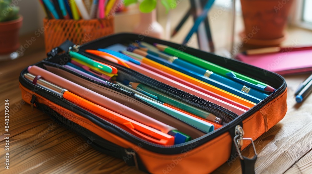 Colorful Pencil Case with Pencils, Pens, and Highlighters Neatly Organized on Wooden Desk Colorful Pencil Case with Pencils, Pens, and Highlighters Neatly Organized on Wooden Desk