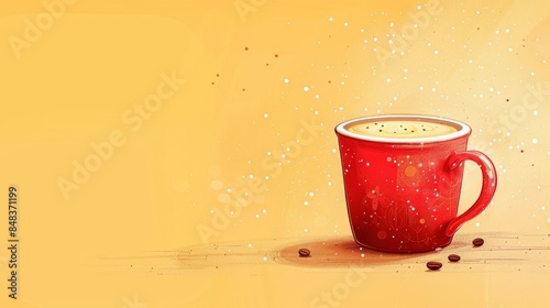 Festive Red Coffee Cup Cartoon Illustration on Clean Yellow Background - Cheerful & Bright Beverage Design | Front View