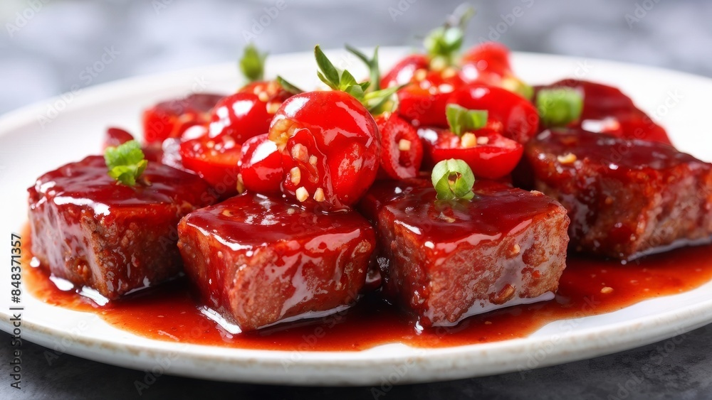 Meat with strawberry sauce and chili pepper. Meat with strawberry sauce and chili pepper.