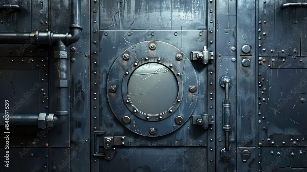 Metal door with porthole on wall with pipes, valves and rivets. Bunker close entrance. Ship or secret laboratory steel bulletproof doorway with illuminator and rotating lock wheel realistic 3D modern. Metal door with porthole on wall with pipes, valves and rivets. Bunker close entrance. Ship or secret laboratory steel bulletproof doorway with illuminator and rotating lock wheel realistic 3D modern.