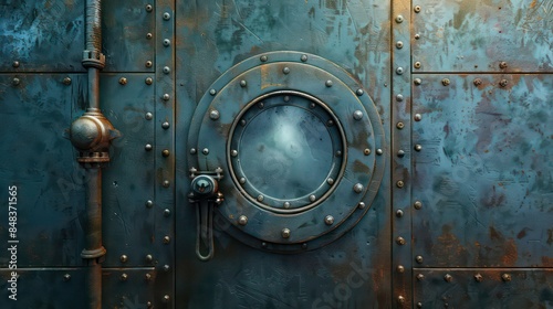 Fototapeta Naklejka Na Ścianę i Meble -  Metal door with porthole on wall with pipes, valves and rivets. Bunker close entrance. Ship or secret laboratory steel bulletproof doorway with illuminator and rotating lock wheel realistic 3D modern.