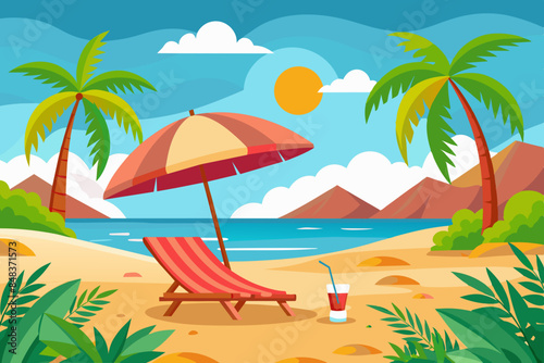 Tropical beach scene with sun lounger and umbrella on sunny day. Holidays, travel, tourism, family resort, children beach activities concept. Vacation paradise with palm trees and beach chair by ocean