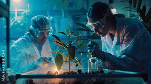 Two scientists working on a new plant in a high tech terrarium