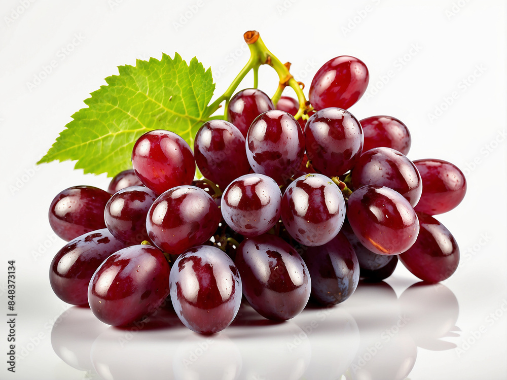 A bunch of red grapes with leaves isolated on white background. A bunch of red grapes with leaves isolated on white background.