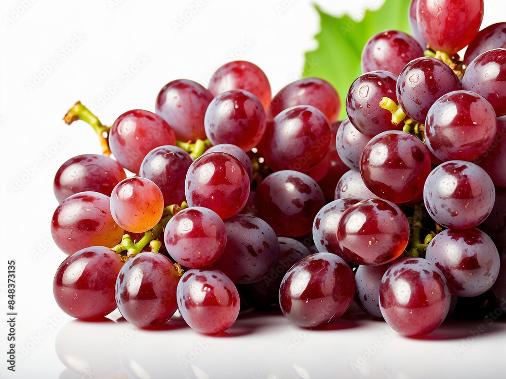 A bunch of red grapes with leaves isolated on white background. A bunch of red grapes with leaves isolated on white background.