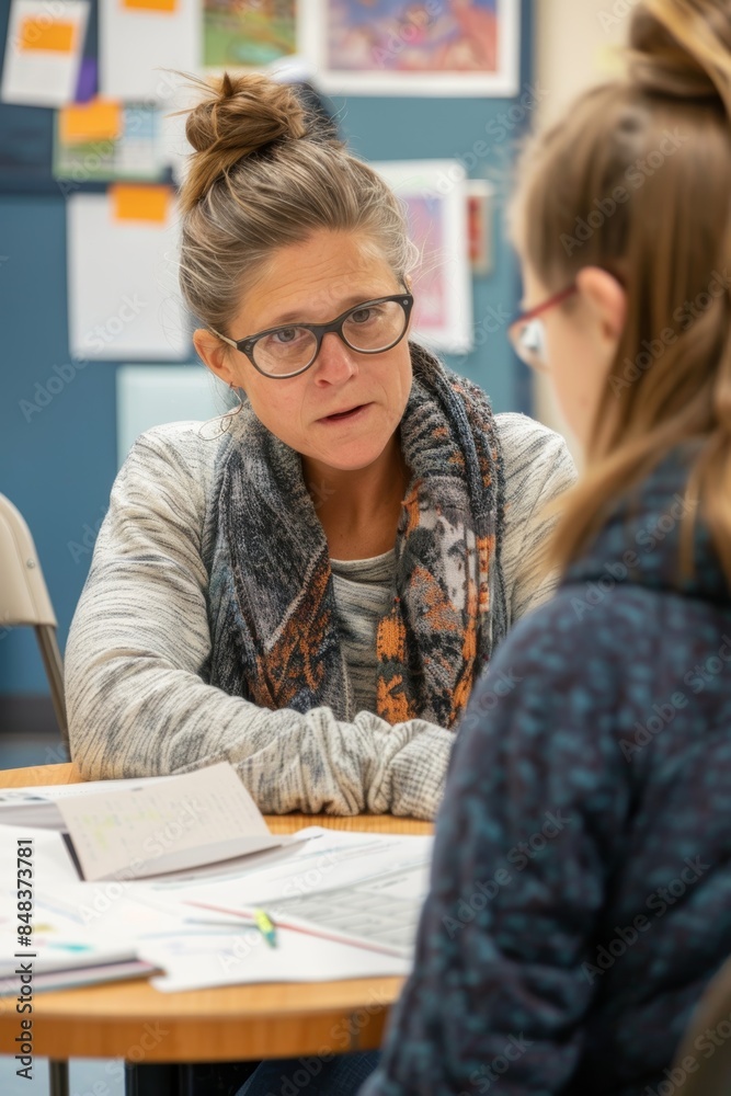 Teacher and Parent Discussing IEP for Student's Personalized Learning Strategies in Classroom Setting Teacher and Parent Discussing IEP for Student's Personalized Learning Strategies in Classroom Setting