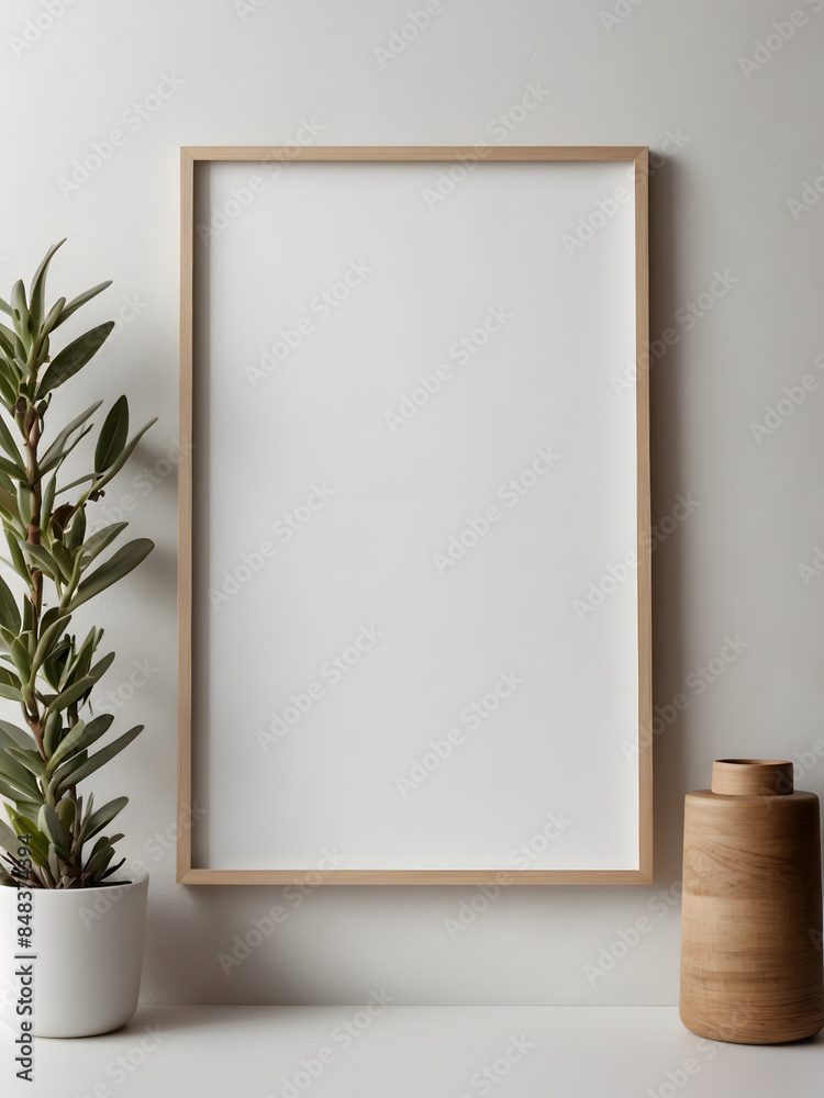 Mockup of poster, photo frame on white wall background, wooden floor