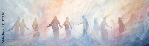 A painting of people holding hands in a circle. The painting is colorful and has a spiritual theme