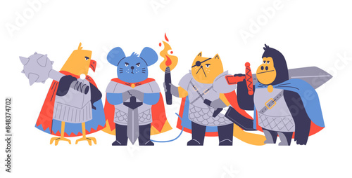Vector illustration animal warriors: mouse, parrot, cat, gorilla with swords, torches and a mace