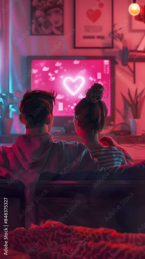 Rear view of a couple relaxing on the couch in a cozy living room, watching tv