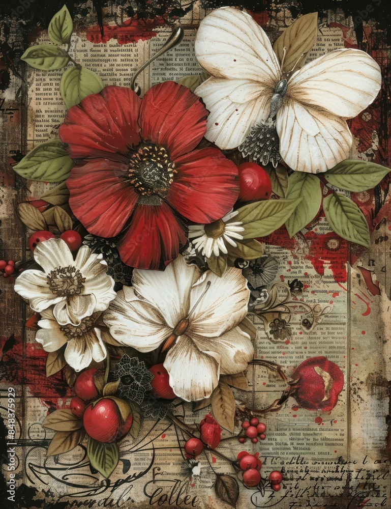 Mixed media collage with red and white flowers and vintage text Mixed media collage with red and white flowers and vintage text