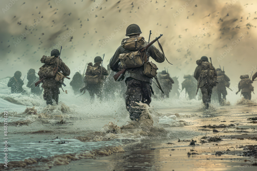 Allied Troops Storming the Shoreline: Soldiers Brave the Waters with Determination in Vintage Archive Style.