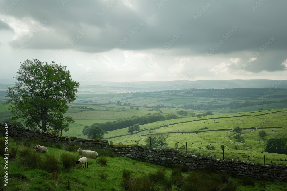 Obraz premium English countryside, green hills and stone walls, sheep in the distance, cloudy sky