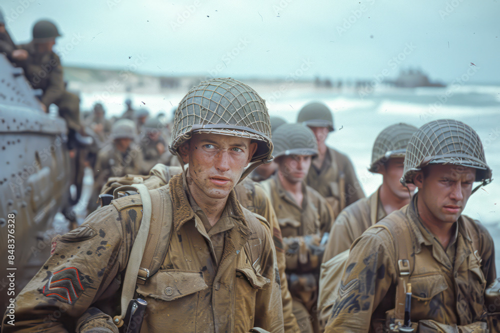 Fototapeta premium Efficient D-Day Deployment: Allies Streamline Troop Landings in Normandy