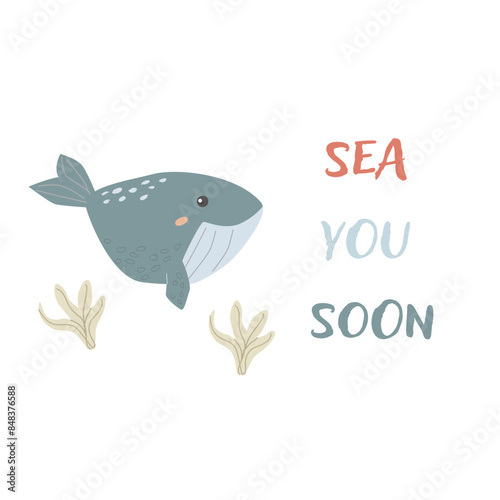 Childrens sea animal background with words. Nautical elements. Cute fish or ocean inhabitant with seaweed. Sea wild life, marine animals with text for stickers, cover design, clothes.