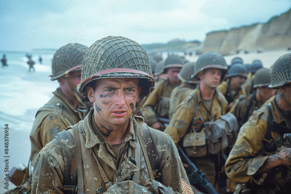 Fototapeta premium Efficient D-Day Deployment: Allies Streamline Troop Landings in Normandy