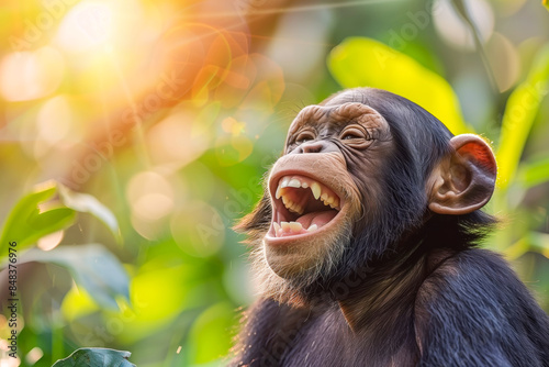 Chimp monkey laughs in tropical forest on sunshine