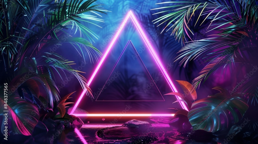 tropical leaves greenery with green leaves, neon triangle in background tropical leaves greenery with green leaves, neon triangle in background