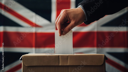 Uma pessoa que vota em uma urna Bandeira da Grã-Bretanha Union Jack. Eleições no Reino Unido