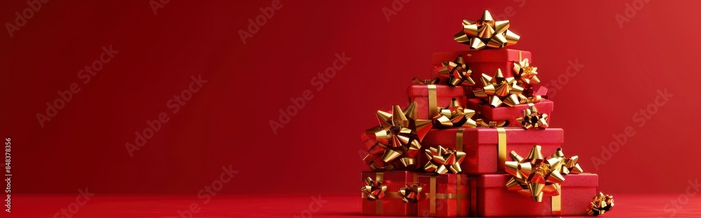 A pile of red gift boxes with golden bows A pile of red gift boxes with golden bows