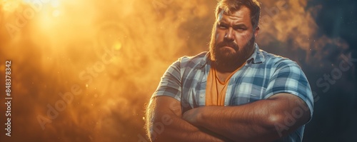 Stern, strict plus size overweight caucasian middle aged man in casual checkered shirt folds arms on chest and looks sternly forward, against backdrop of yellow smoke. Banner with copy space photo