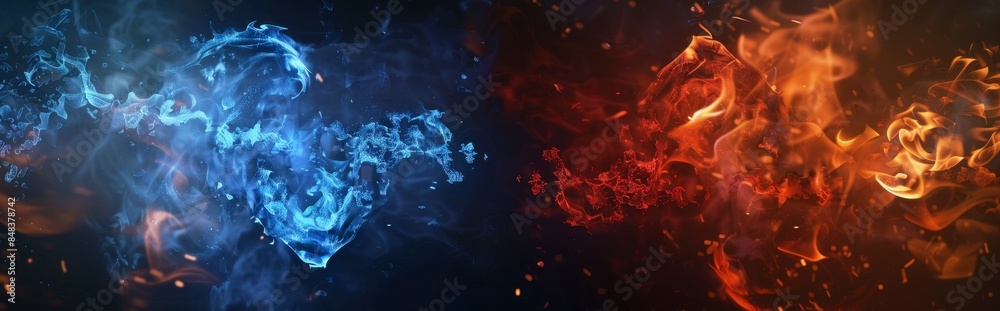 A split screen showing one side with blue flames and the other red A split screen showing one side with blue flames and the other red