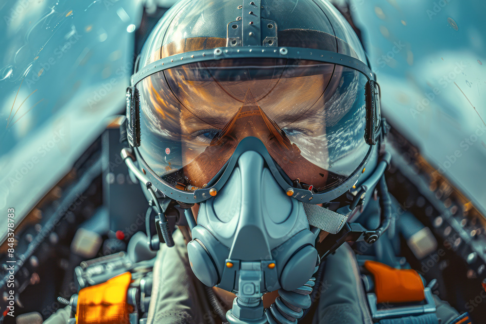 WWII Fighter Pilot in Helmet Preparing for Combat in Airplane: A Dramatic Scene of War WWII Fighter Pilot in Helmet Preparing for Combat in Airplane: A Dramatic Scene of War