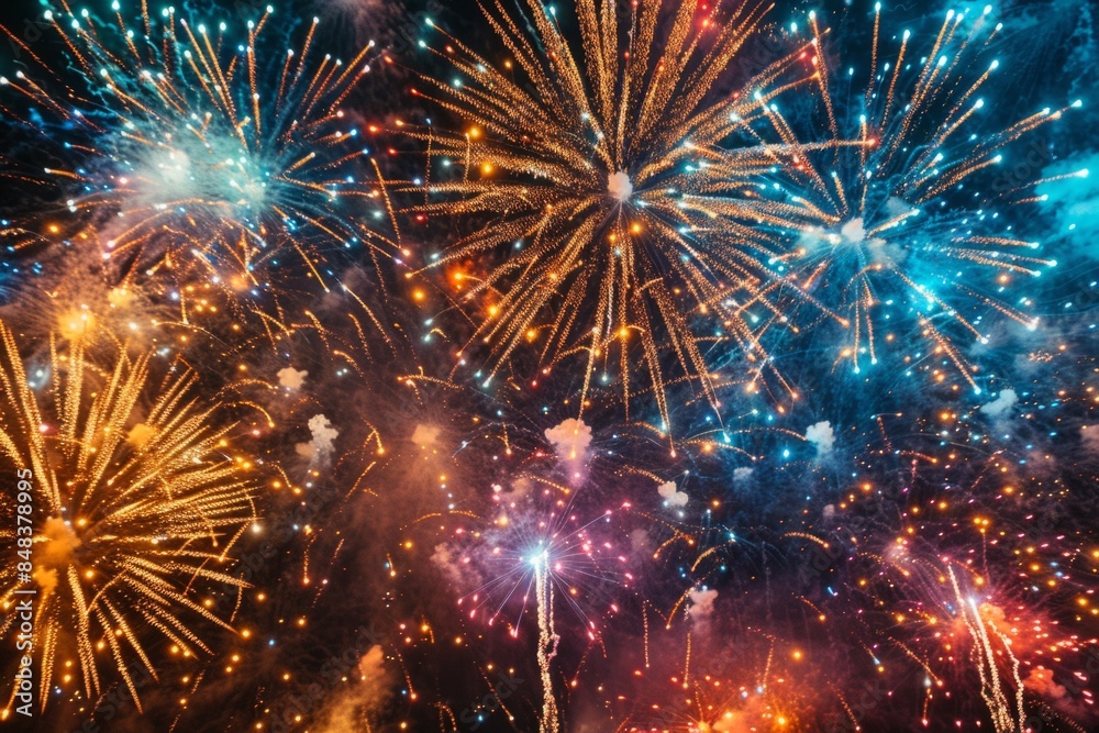 Fototapeta premium Colored congratulatory fireworks in the sky