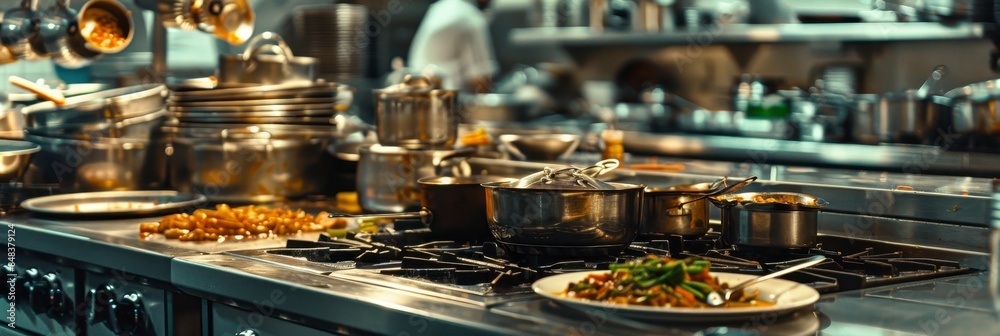 kitchen with many pots and pans on stove. kitchen with many pots and pans on stove.