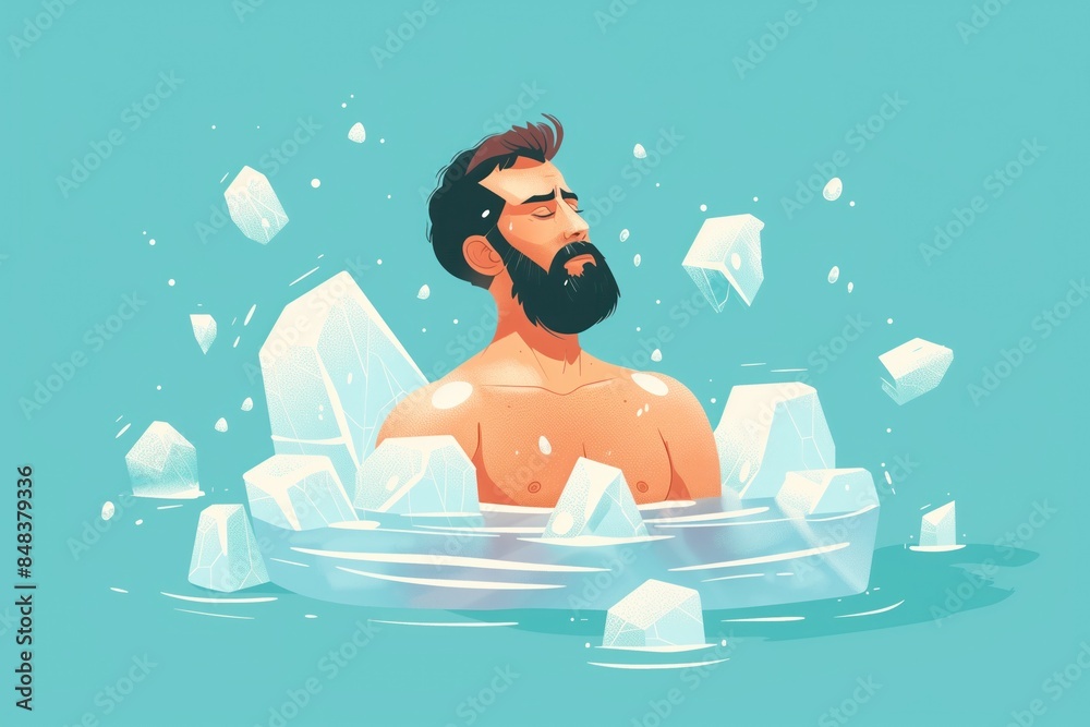 Man In Ice Man with beard bathes in ice water, closing eyes in pleasure. Pieces of ...
