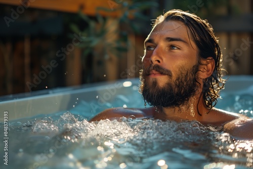 Man with beard in pool with ice, water is splashing around him. A man in ice bath in summer. Ice bath concept by Wim Hof ​​method photo