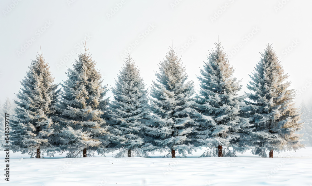 Naklejka premium Snow-Covered Pine Trees in Winter Wonderland Against White Sky Background, Serene Frozen Forest Landscape, Nature's Tranquility in Cold Season