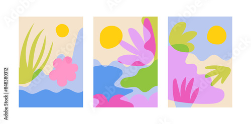 Set of abstract summer posters. Vector flat illustration of various organic shapes. Tropical exotic creative design