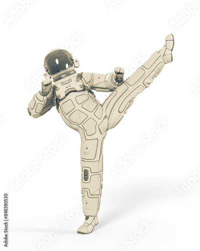 astronaut is doing a side kick